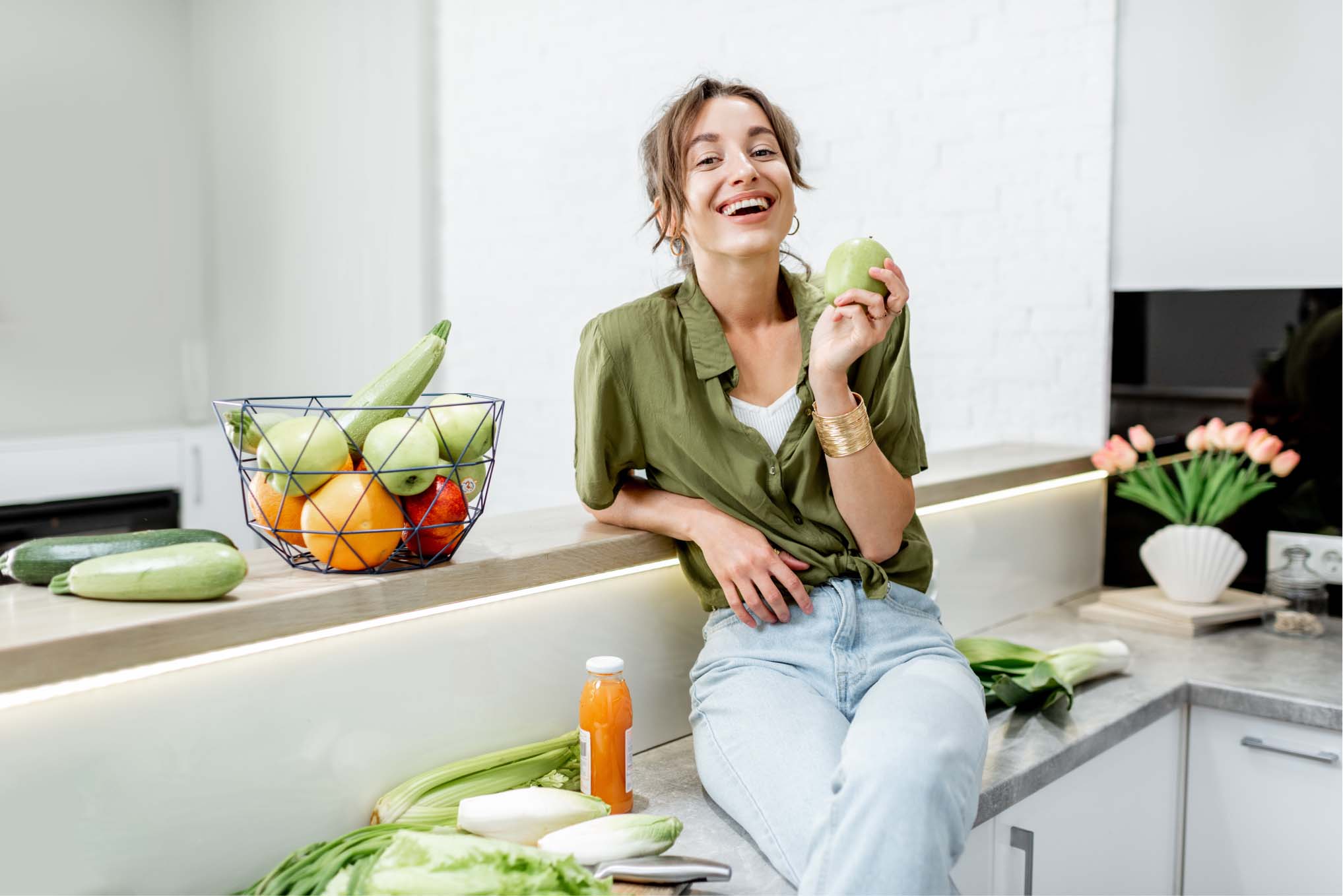 a girl surrounded by healthy food